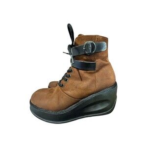 Fly London JABI070Fly Brown Leather Wedge Boots Side Zip EUR 38 US 7.5 Buckle